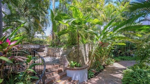 A garden with a stone wall, a brick staircase, and various tropical plants. - Zona Romantica Oasis/Pool/2 block Pier bars shop (Puerto Vallarta)