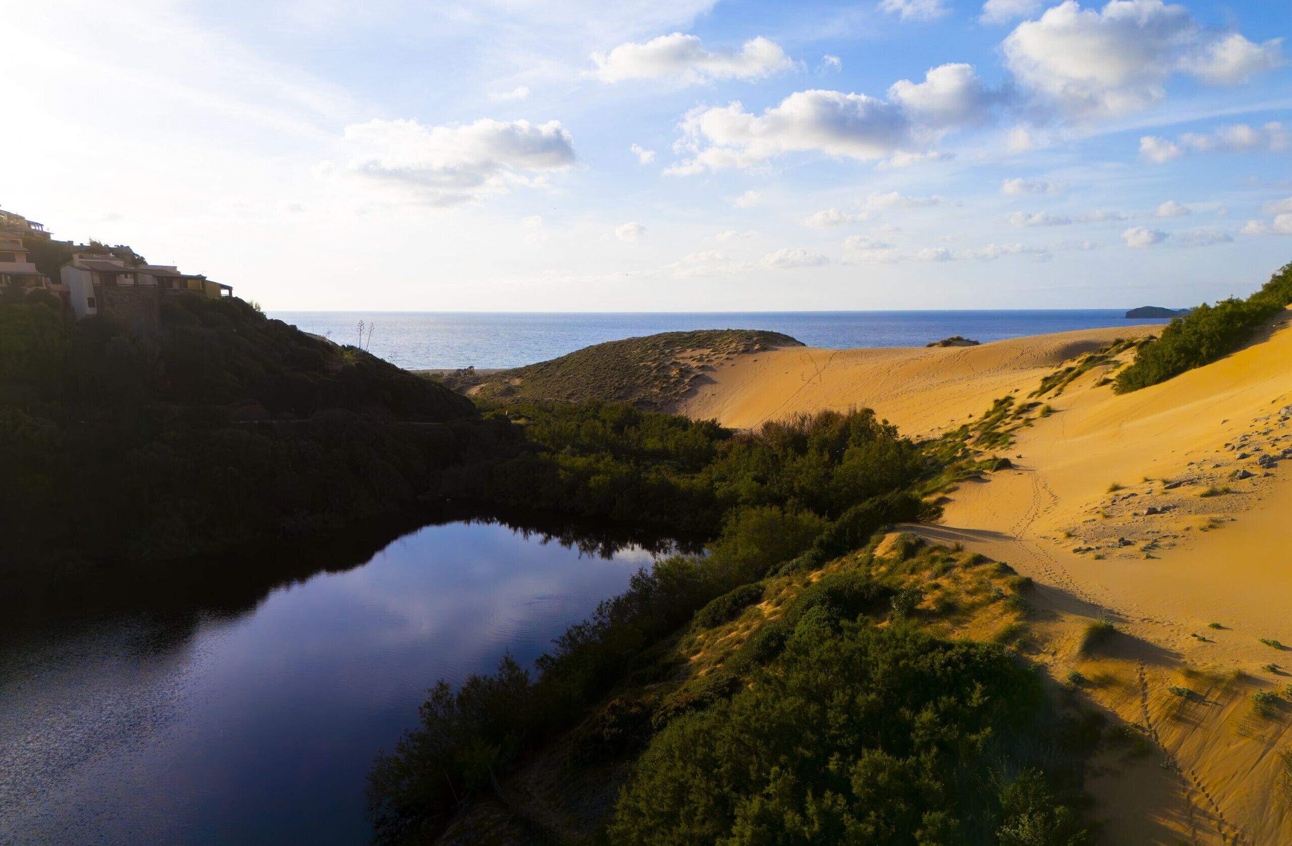 Un paisaje costero con dunas de arena, una masa de agua y una costa distante.