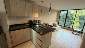 Apartamento estándar | Cocina privada | Plancha, utensilios de cocina y congelador
