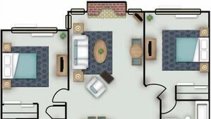 A hotel layout with two bedrooms, a bathroom, a kitchen, and a living area. - Two Bedroom First Floor (Wichita)