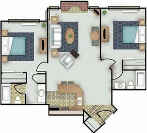 A hotel layout with two bedrooms, a bathroom, a kitchen, and a living area. - Two Bedroom, First Floor. (Wichita)