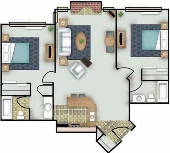 A hotel layout with two bedrooms, a bathroom, a kitchen, and a living area. - Two Bedroom First Floor (Wichita)
