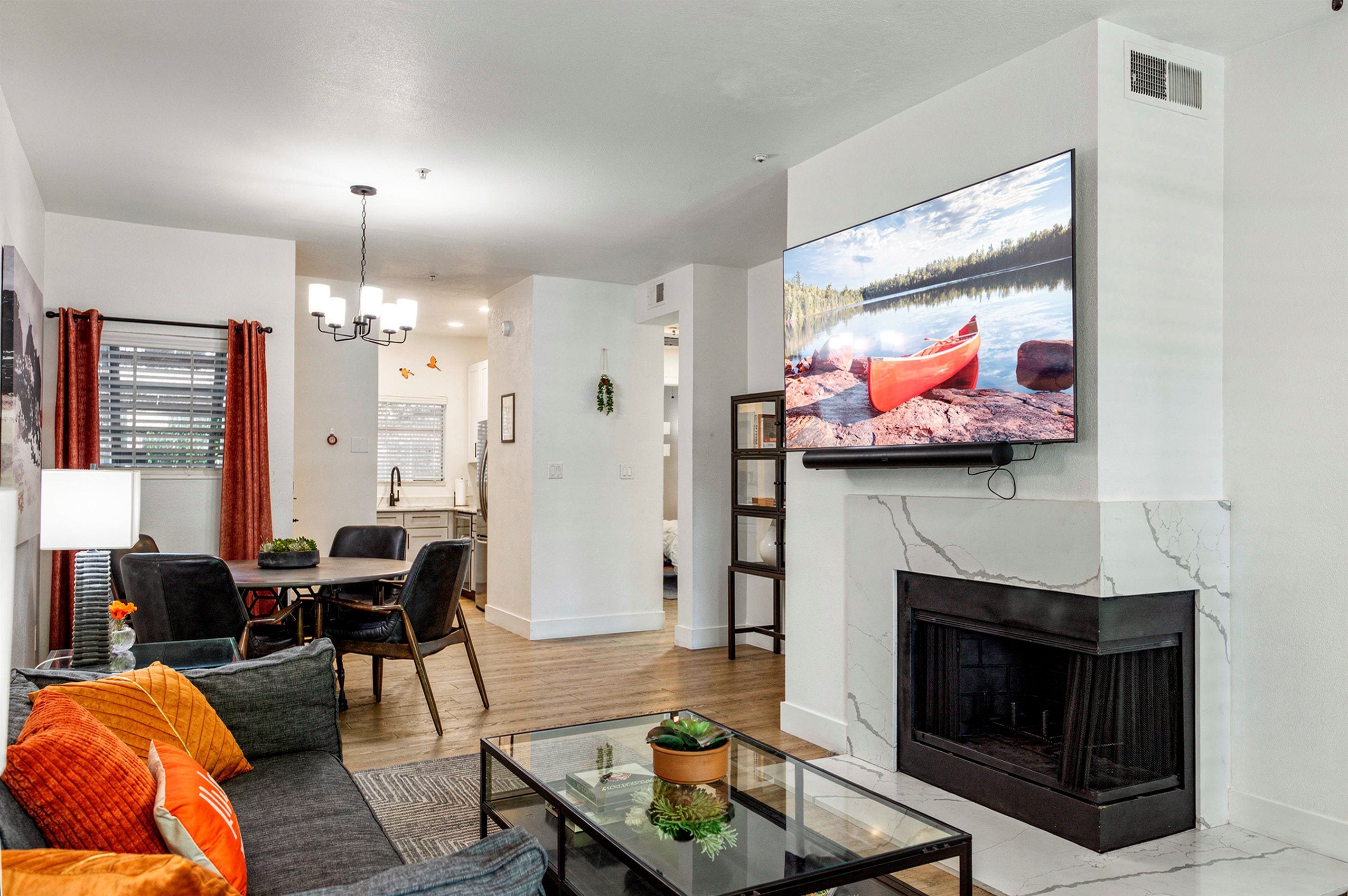 Smart TV, fireplace, foosball, table tennis