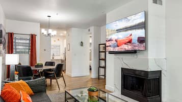 Smart TV, fireplace, foosball, table tennis