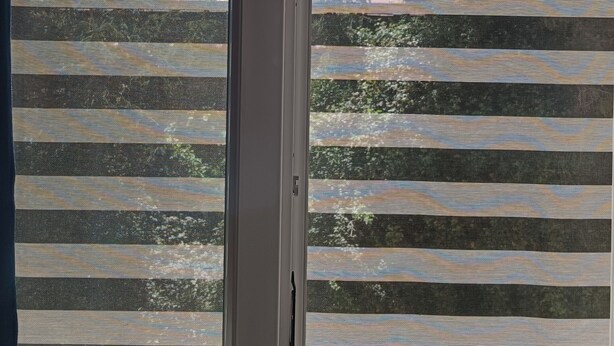 A window with horizontal blinds, a view of trees, and a clear sky. - Double room with private bathroom (La Spezia)
