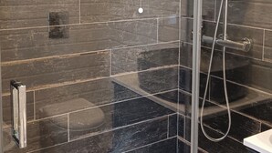 A modern shower with a glass enclosure, dark tiled walls, and a chrome showerhead. - Double room with private bathroom (La Spezia)