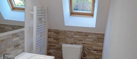 Hair dryer, towels, soap, toilet paper