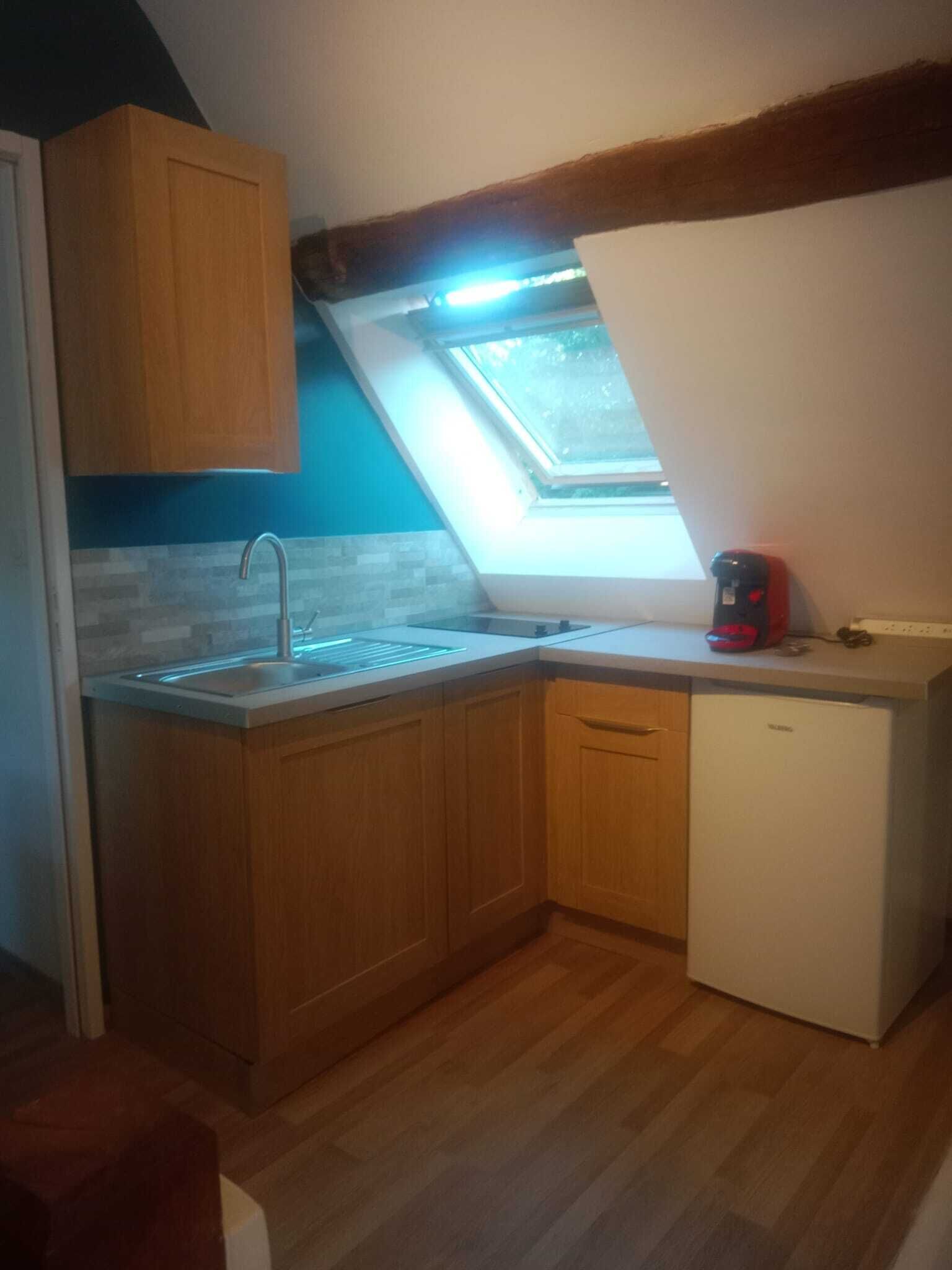 A compact kitchen with wooden cabinets, a white sink, a small white refrigerator, and a skylight.
