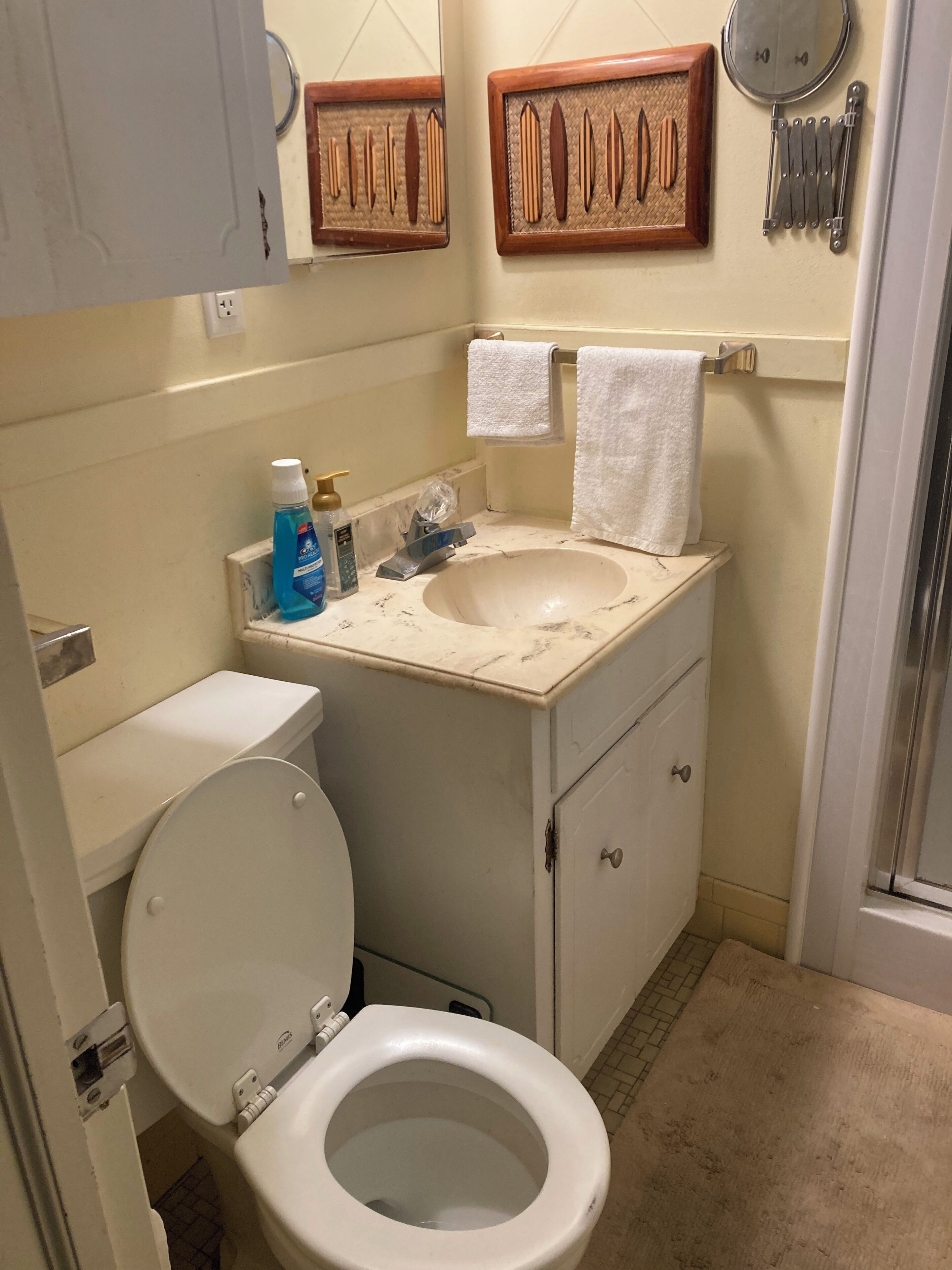 Baño con inodoro, lavamanos y espejo. Toallas colgadas en un perchero y se ve la puerta de la ducha.
