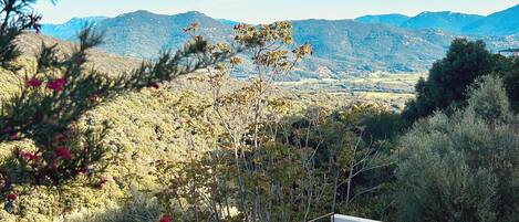 A poolside area with lounge chairs, a wooden deck, and a view of distant mountains.