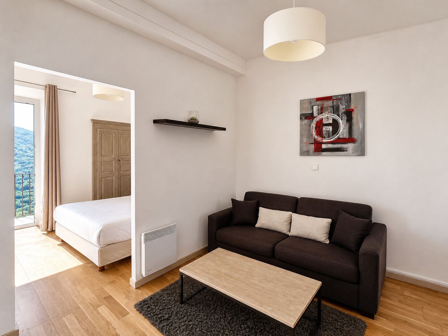 A modern living room with a bed, a dark brown sofa, a coffee table, a radiator, and a wall-mounted shelf with a plant.