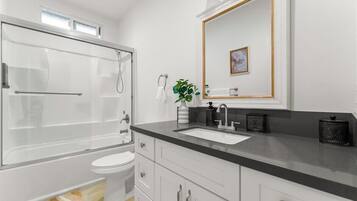Shower, hair dryer, shampoo