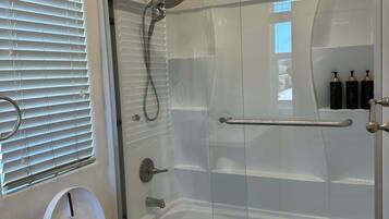 Shower, hair dryer, shampoo