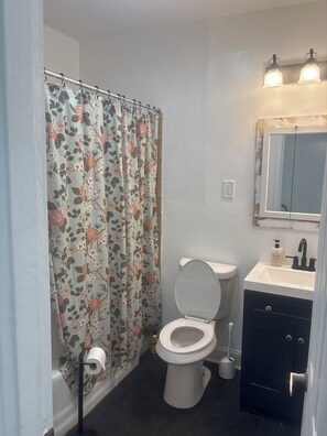Ein Badezimmer mit Toilette, Waschbecken, Duschvorhang und einem Spiegel über dem Waschbecken.