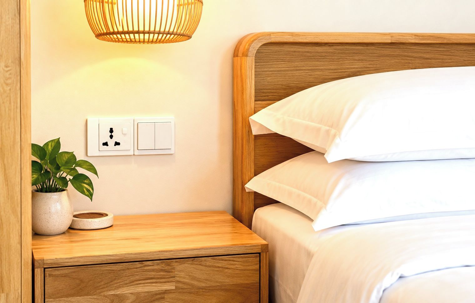 A neatly made bed with white linens, a wooden nightstand with a potted plant, and a wall-mounted light fixture.