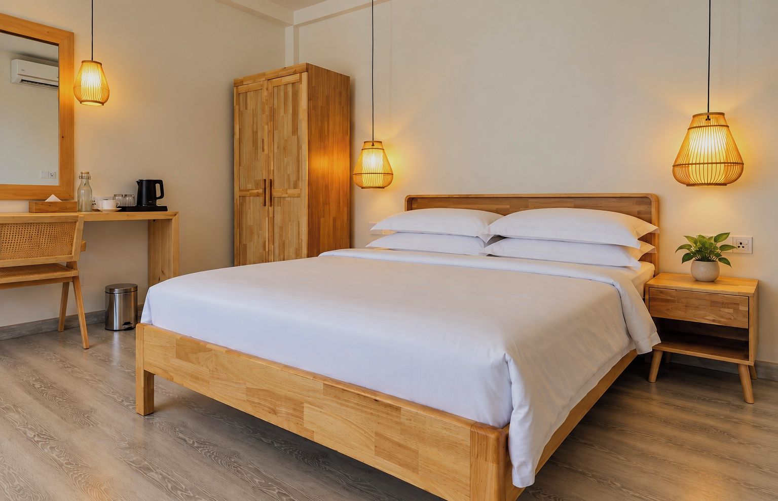 A neatly arranged hotel room with a wooden bed, bedside tables, a desk, and hanging lamps.