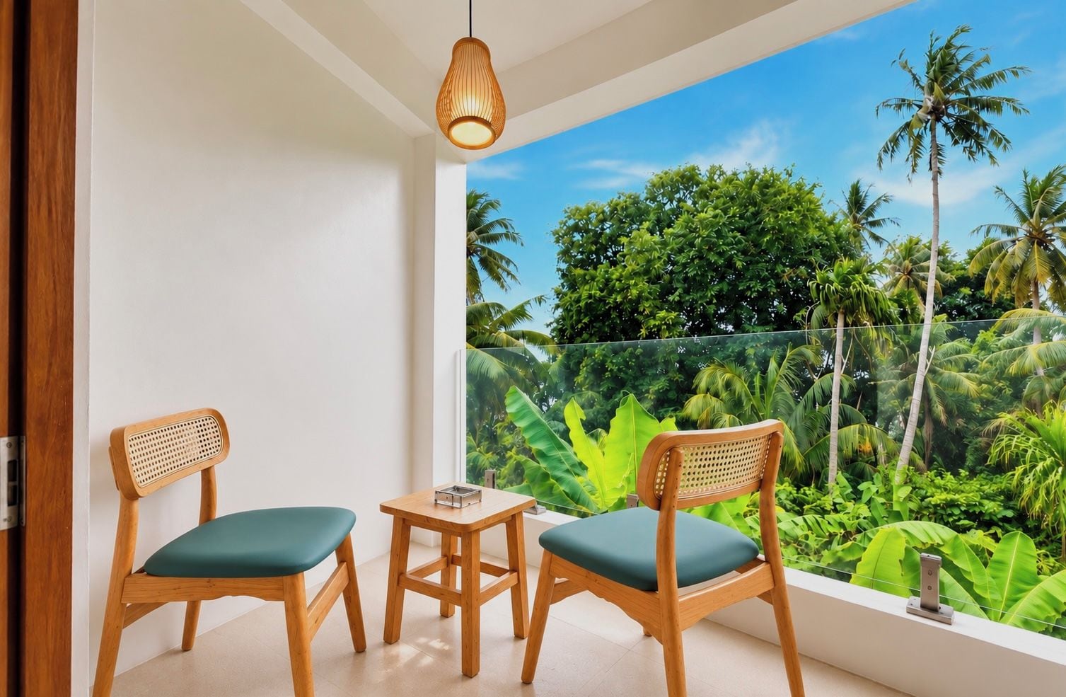 A balcony with two wooden chairs and a small table, overlooking a lush tropical garden.