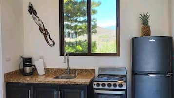 Cocina compacta con estufa, refrigerador y ventana con vista a árboles.