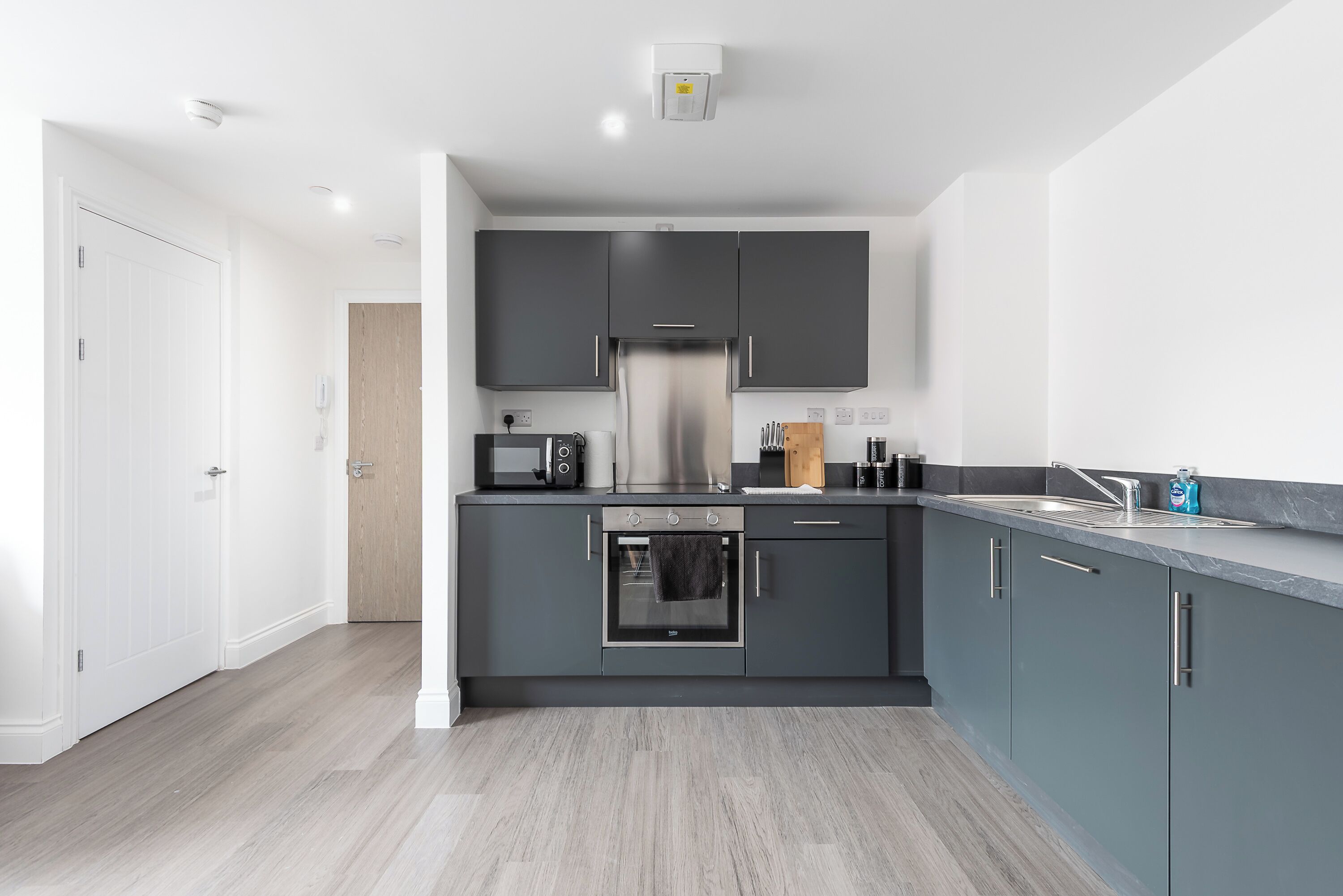 Fridge, microwave, electric kettle, toaster