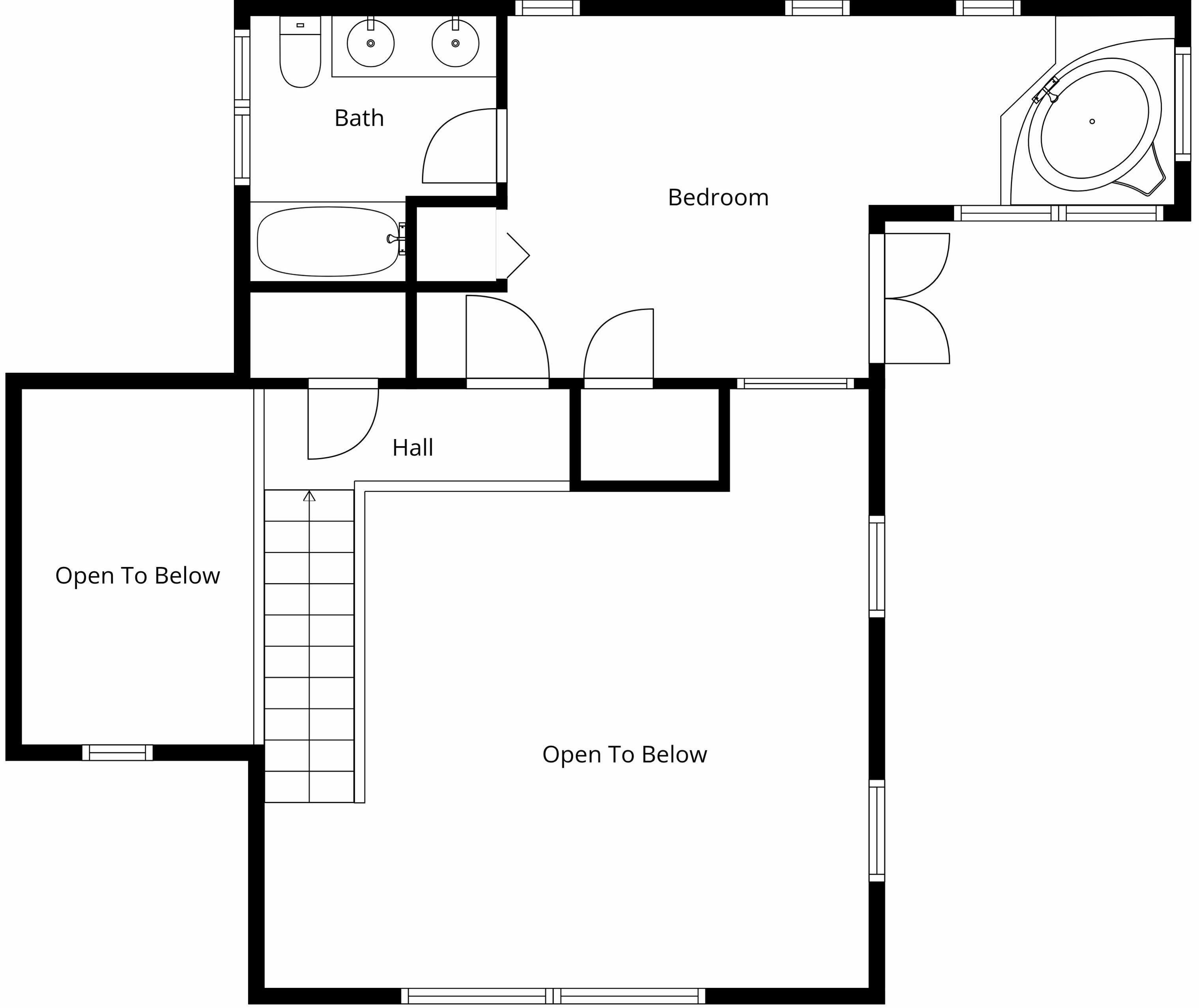 Een plattegrond met een slaapkamer, badkamer, hal en twee open ruimtes.