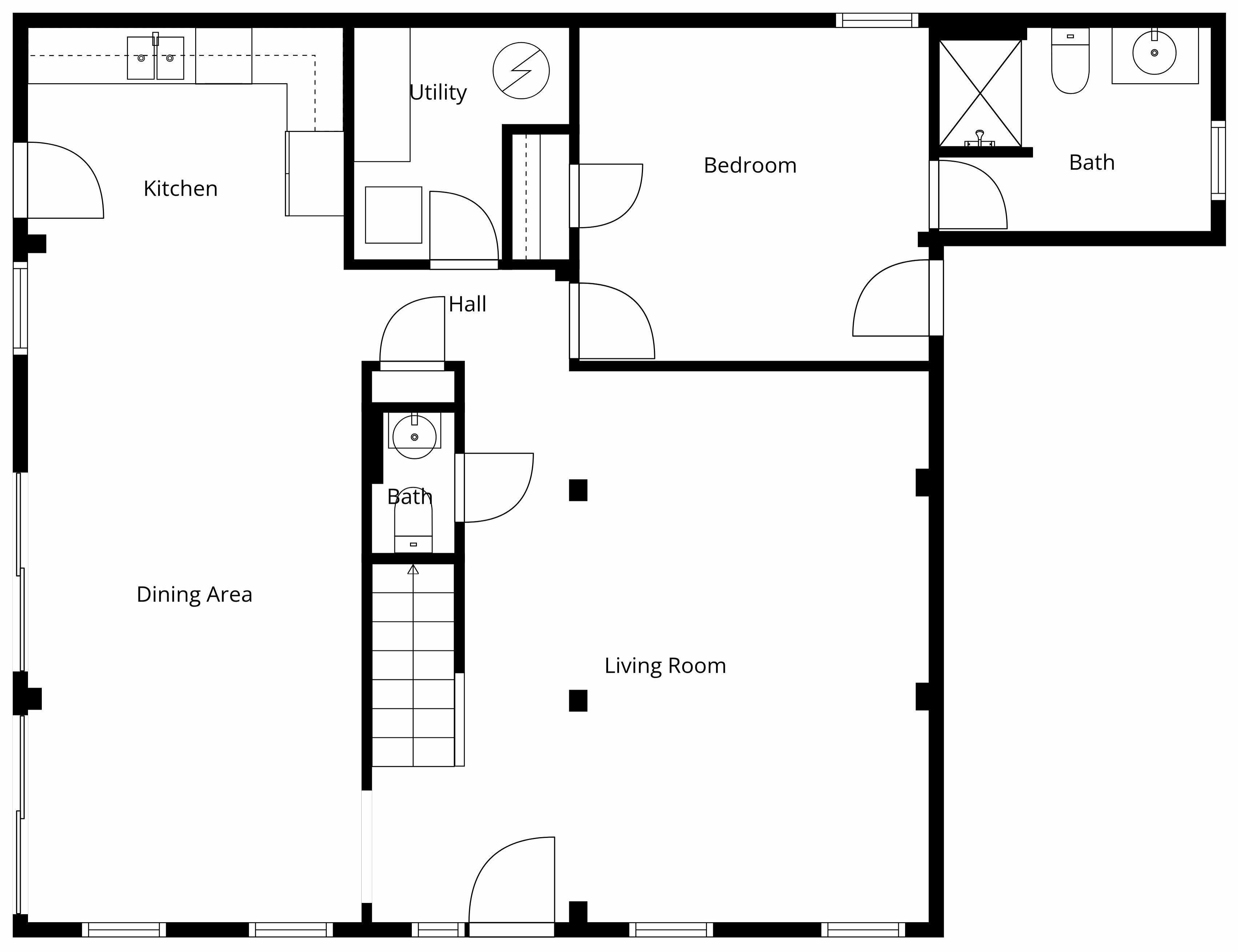 Plano de planta que muestra una cocina, comedor, sala de estar, baño y cuarto de servicio.