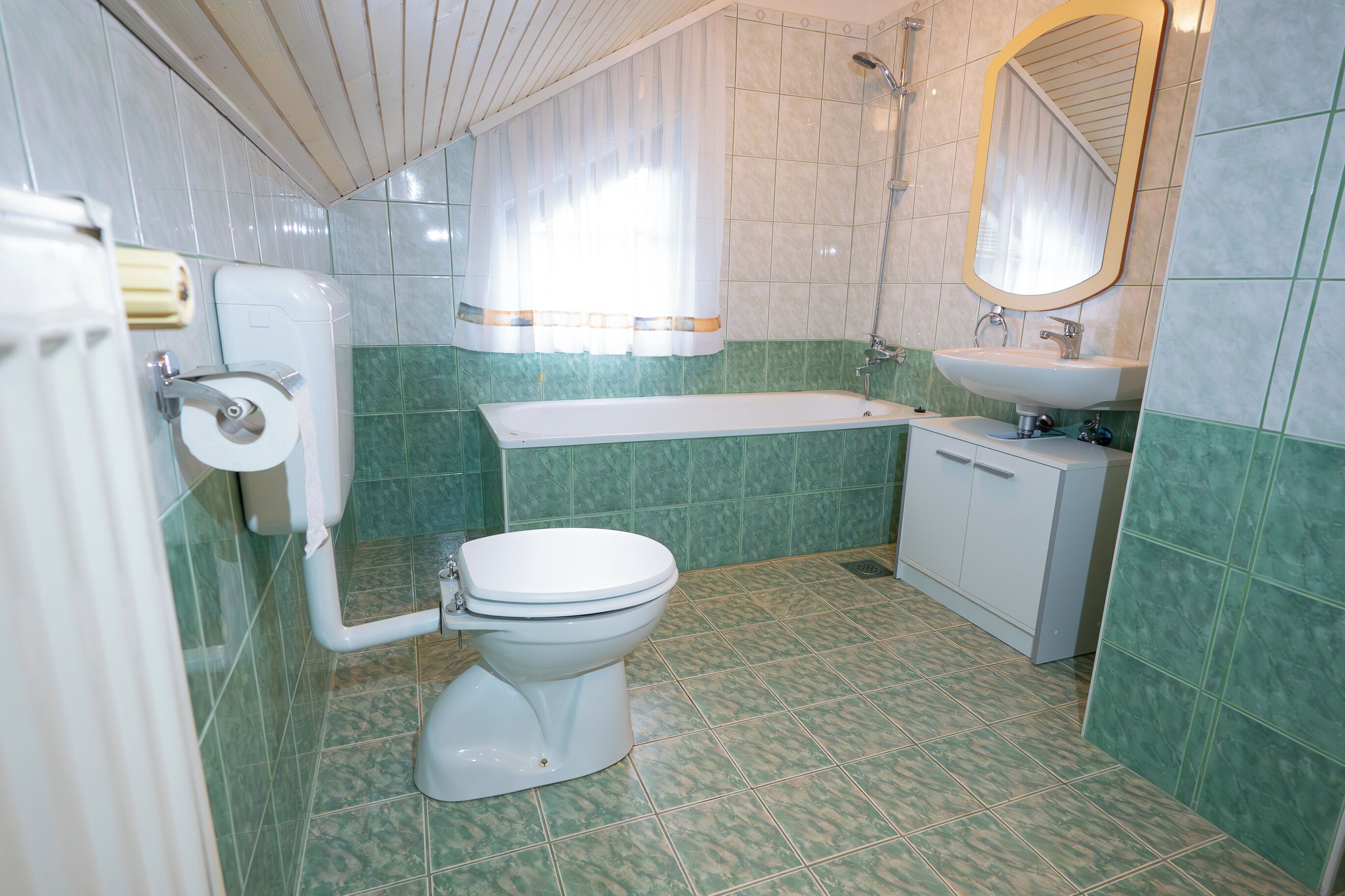 Une salle de bain équipée de toilettes, d’un lavabo, d’une douche et d’un miroir.