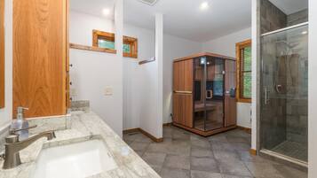 Hair dryer, towels, soap, shampoo