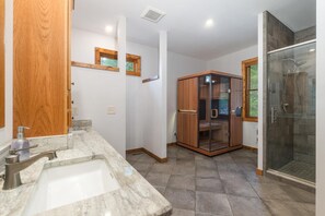 Hair dryer, towels, soap, shampoo
