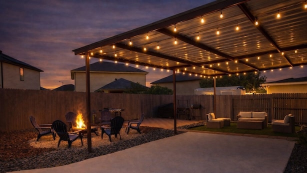 Une terrasse extérieure dotée d’un foyer, de chaises et d’un espace abrité agrémenté de guirlandes lumineuses.