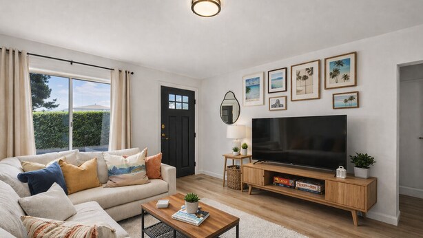 Ein Wohnzimmer mit einer Couch, einem Couchtisch, einem Fernseher und gerahmten Bildern an der Wand.