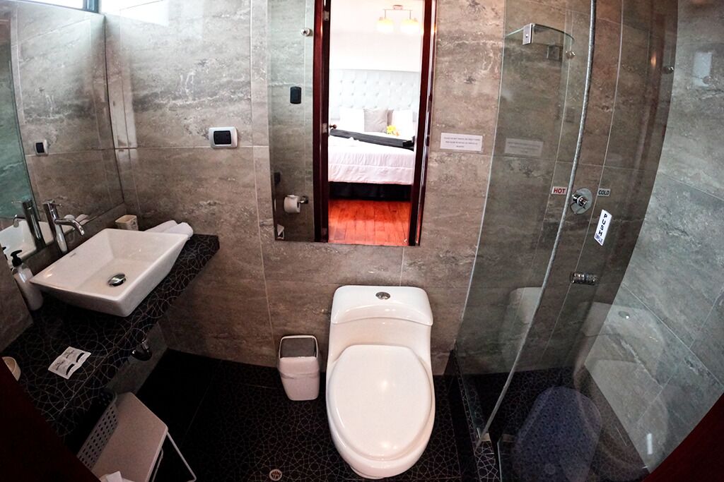 Een badkamer met toilet, wastafel en douche.