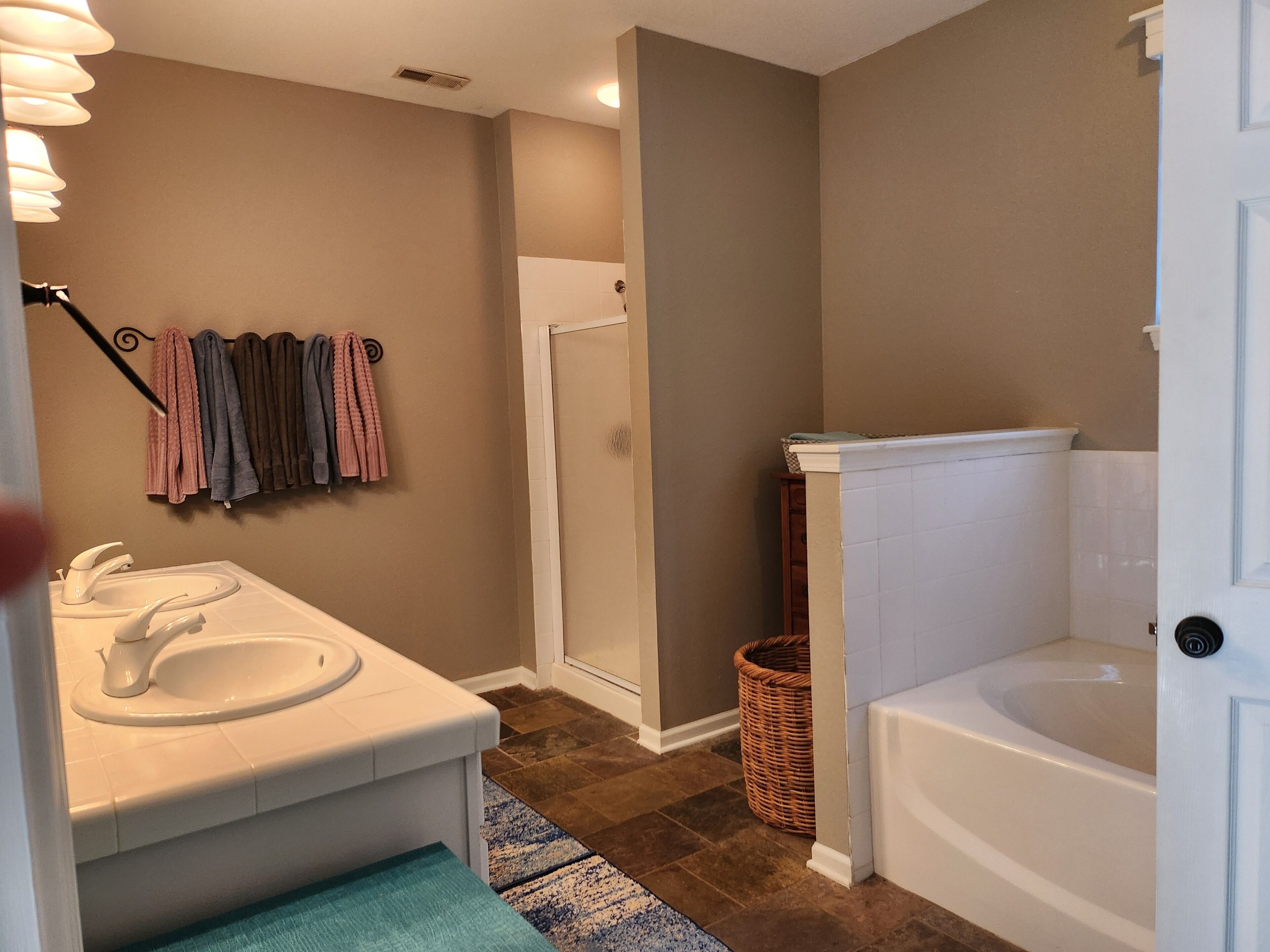 Hair dryer, towels, soap, toilet paper