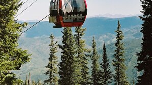 Une télécabine portant l’inscription « ASPEN », suspendue à des câbles, entourée d’arbres et de montagnes.