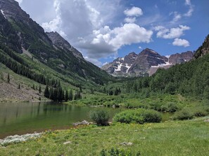 Un paisaje de montaña con un lago, un bosque denso y montañas rocosas.