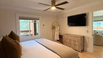 Een slaapkamer met een bed, een plafondventilator, een televisie en uitzicht op de omgeving.