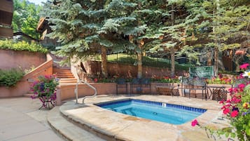 Ein Pool mit einer Steinterrasse, umgeben von einem Garten mit verschiedenen Pflanzen und Blumen, und einer Treppe, die zu einer erhöhten Ebene führt.