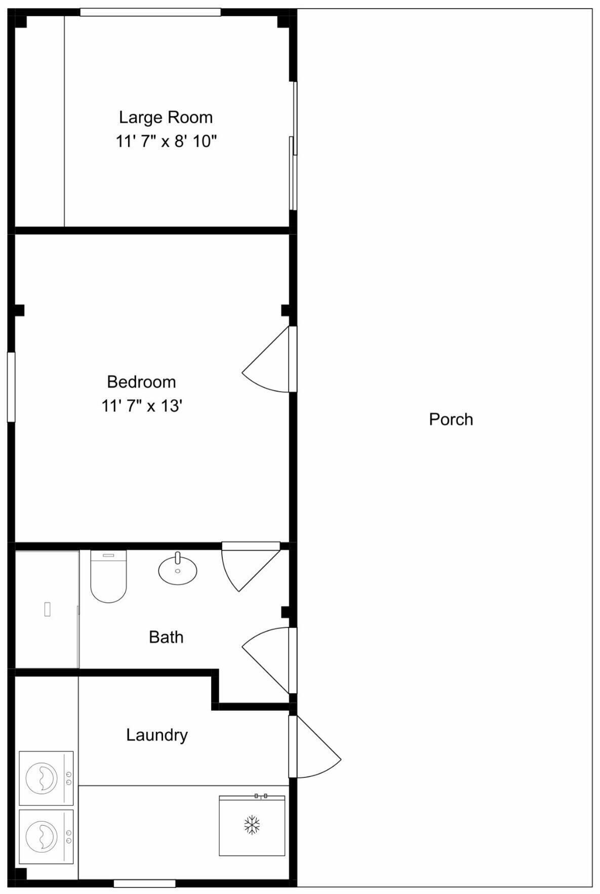 A floor plan with a large room, bedroom, bathroom, and laundry area.