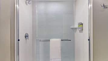 Hair dryer, towels, soap, shampoo