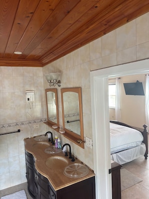 Douche, baignoire à remous, séchoir à cheveux, serviettes fournies