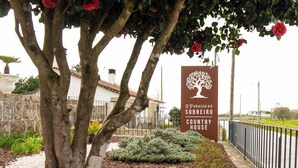 Señal para 'O Paraíso do Sobreiro Country House' con un árbol y jardín al frente.