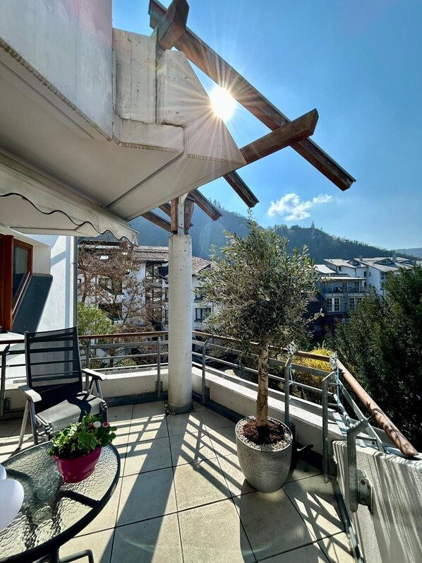 A rooftop terrace with a pergola, potted plants, and a view of a town.
