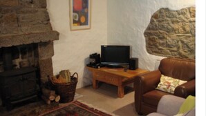 Un salon avec une cheminée en pierre, un téléviseur posé sur un meuble en bois, un canapé en cuir marron et un tapis à motifs.