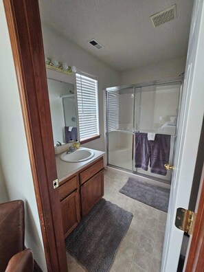 Hair dryer, towels, toilet paper