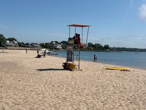 Ein Strand mit einem Rettungsturm, einem gelben Kajak und einem Rettungsschwimmertisch.