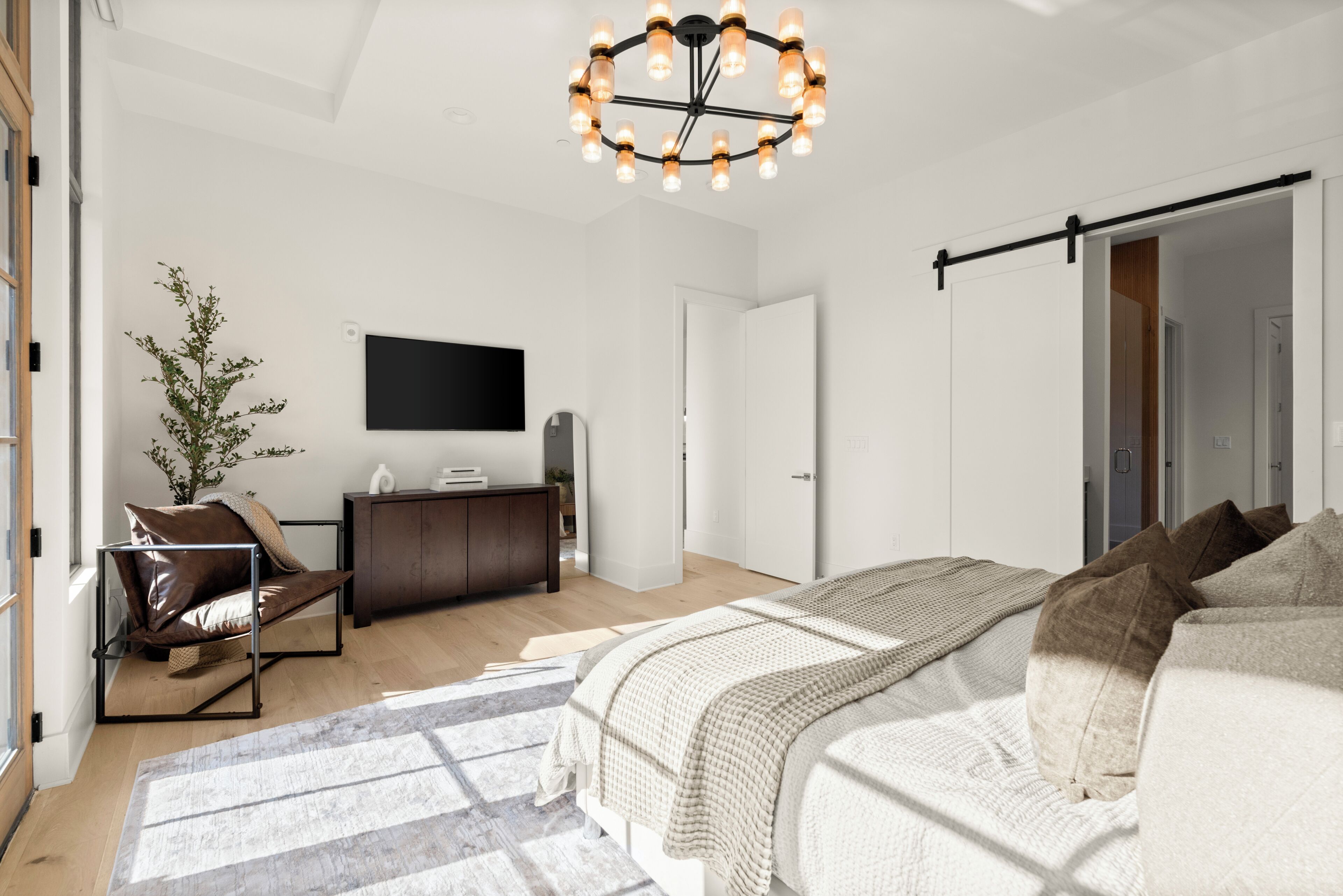 Un dormitorio moderno con una cama, un televisor, una planta y un escritorio.