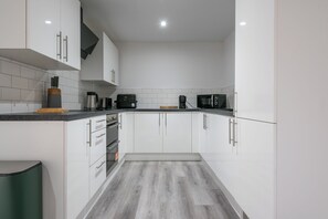 Fridge, microwave, electric kettle, toaster