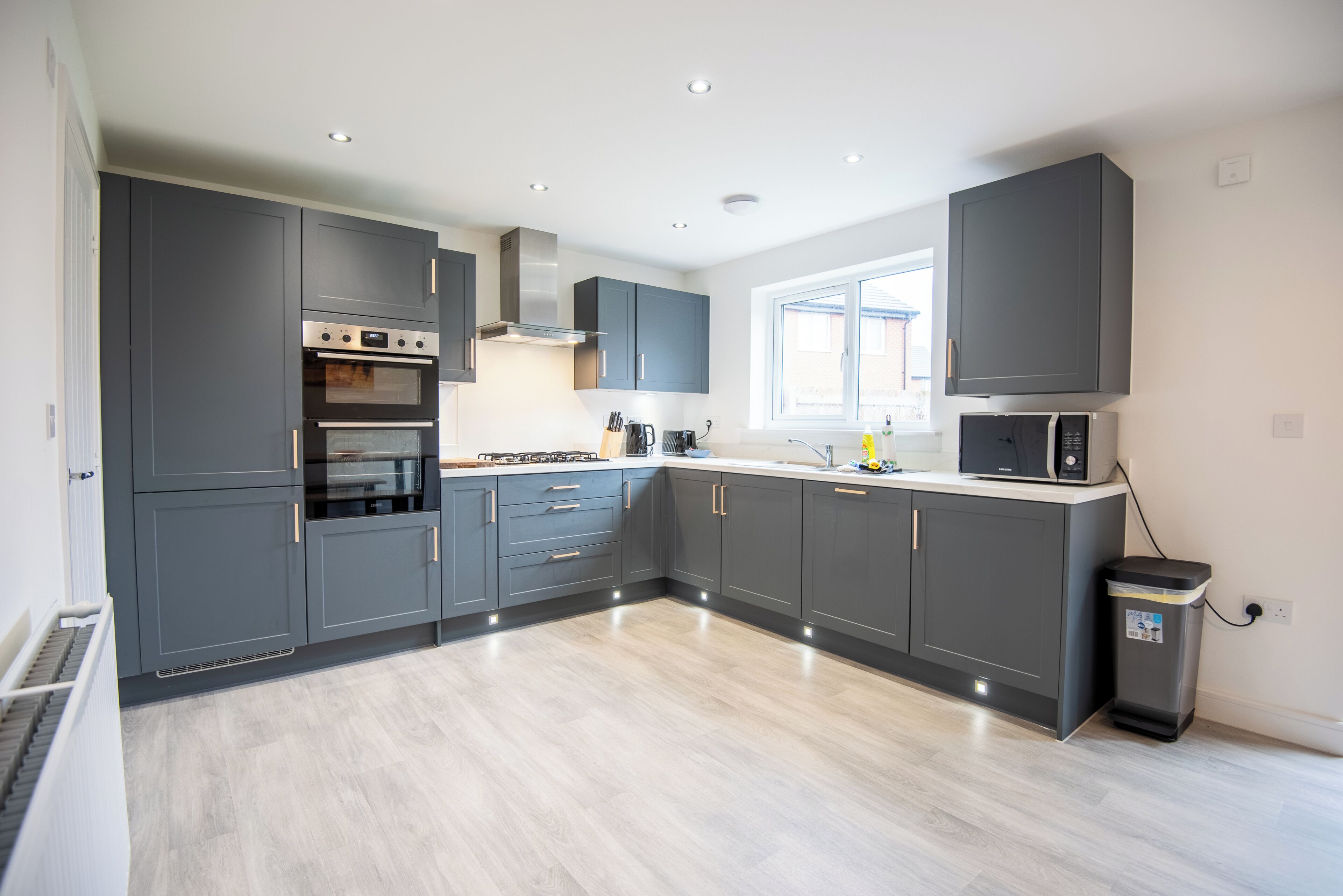 Fridge, microwave, electric kettle, toaster