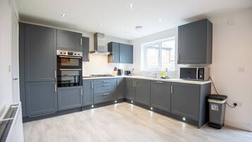 Fridge, microwave, electric kettle, toaster