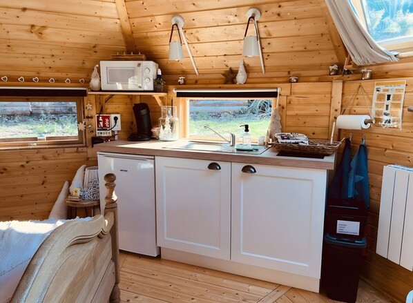 Fridge, microwave, stovetop, coffee/tea maker