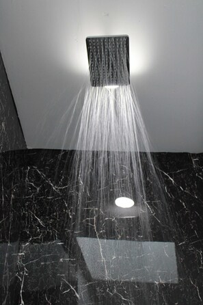 A shower with water flowing from a square spout onto a marble floor. - Private Room, Zona Consulado (Zapopan)